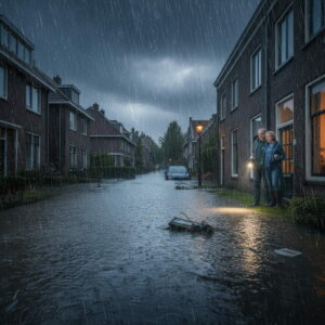 Straat onder water door extreme regenval bij woonhuizen met risico op waterschade