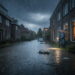 Straat onder water door extreme regenval bij woonhuizen met risico op waterschade