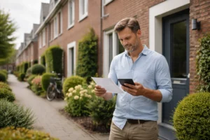 Huiseigenaar bekijkt WOZ brief en woninggegevens op smartphone voor zijn huis in een Nederlandse woonwijk.