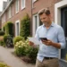 Huiseigenaar bekijkt WOZ brief en woninggegevens op smartphone voor zijn huis in een Nederlandse woonwijk.