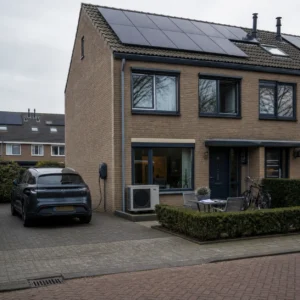 Duurzame Nederlandse woning met zonnepanelen en laadpaal in een woonstraat.