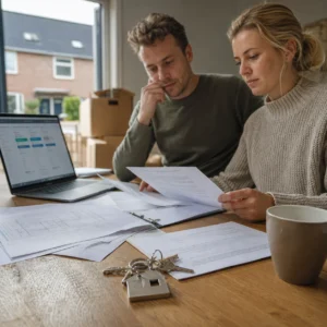 Huiseigenaren controleren documenten en woonverzekering na aankoop van een nieuw huis.