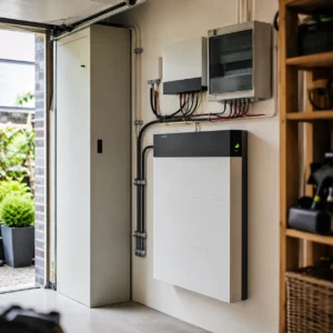 Thuisbatterij in garage als voorbeeld van verduurzaming en mogelijke woonverzekeringsrisico’s.