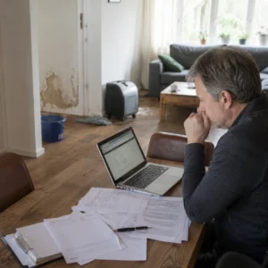 Waterschade in een woonkamer met verzekeringspapieren en laptop op tafel