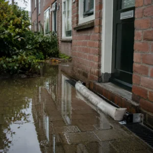 Nederlandse woning na hevige regenbui met water op straat als voorbeeld van klimaatschade en woonverzekering.